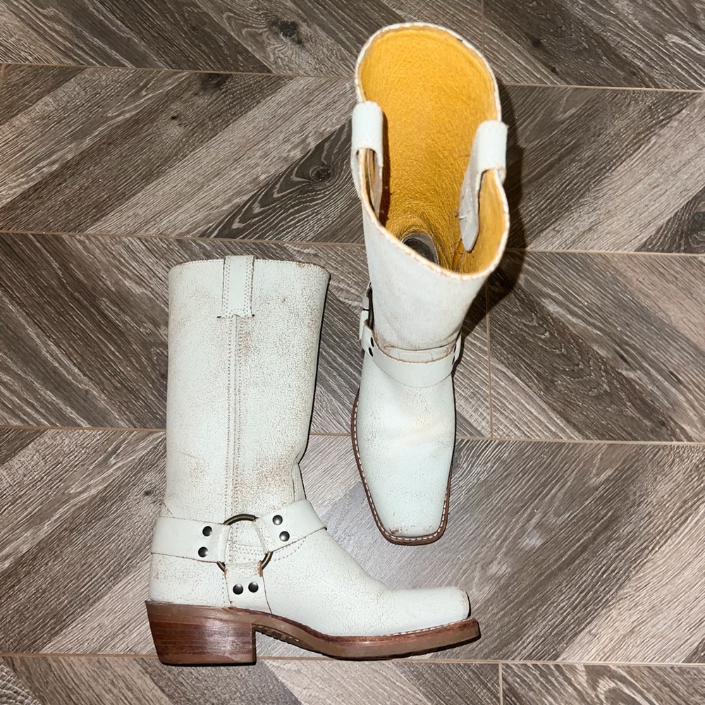 Frye White Harness Cracked Distressed Boots